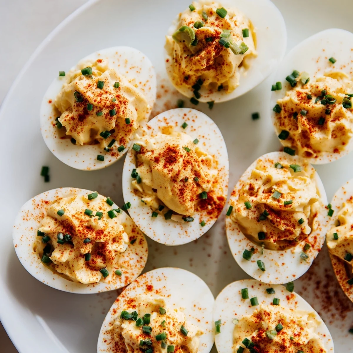 Freshly made Deviled Eggs with Chives and Smoked Paprika garnished with herbs on a platter.
