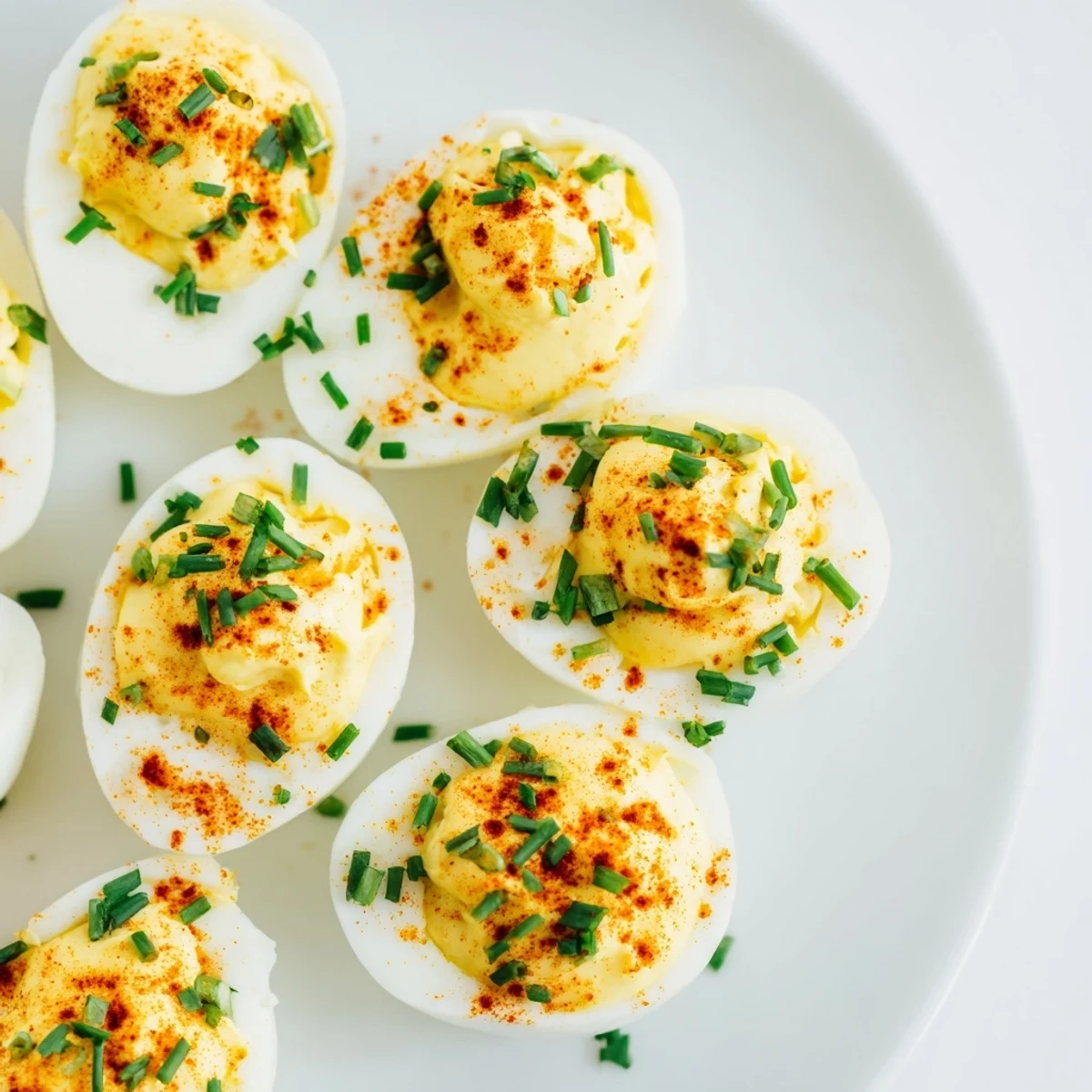 Creamy Deviled Eggs with Chives and Smoked Paprika served as a party appetizer on a wooden board.