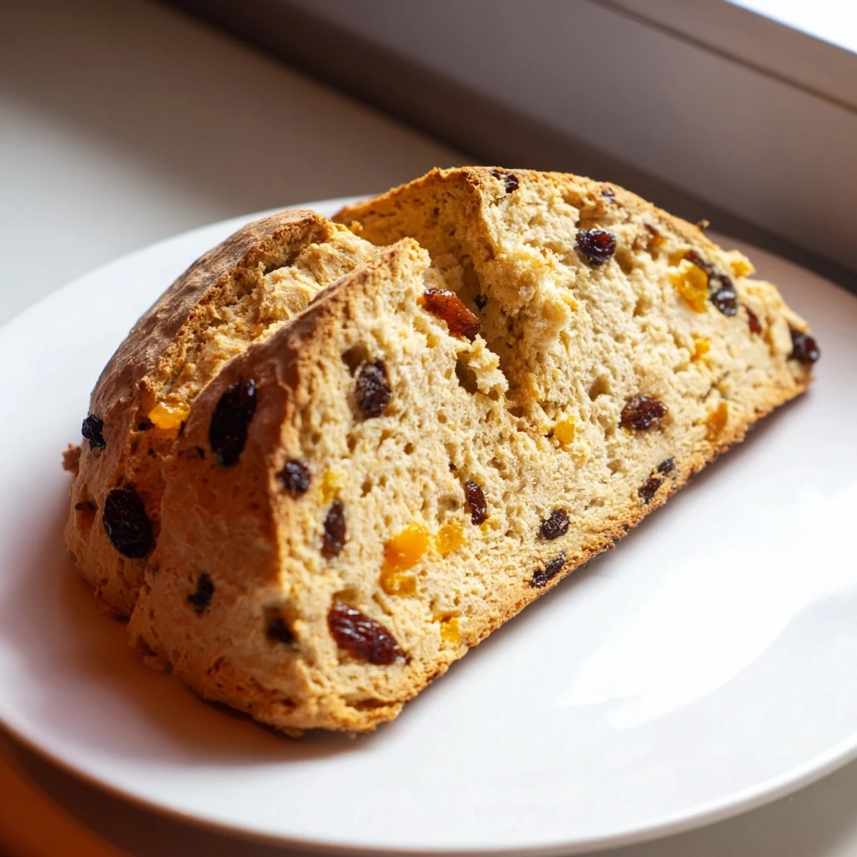 Freshly baked Irish Soda Bread with Raisins and Orange Zest on a wooden board, revealing a tender crumb with bright citrus aroma.