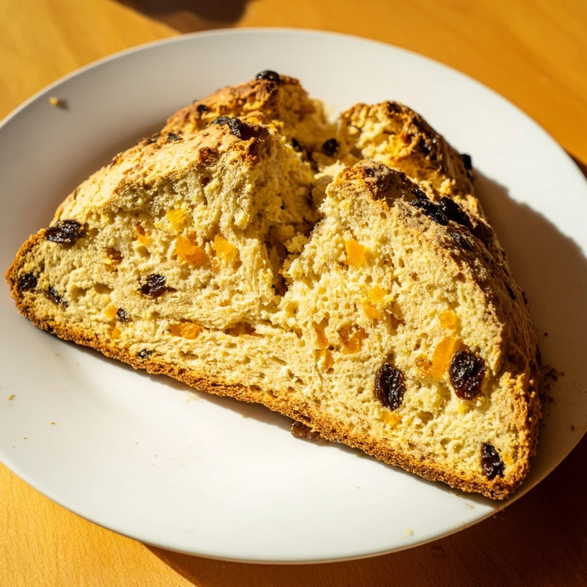 Rustic round Irish Soda Bread with Raisins and Orange Zest cooling on a wire rack with a sharp X cut on top.