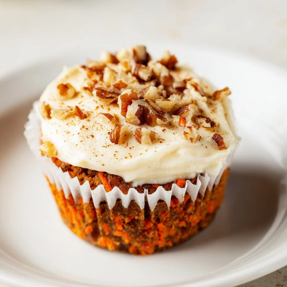 Moist, spiced carrot cake cupcakes with cream cheese frosting on a white plate, perfect for an easy dessert.