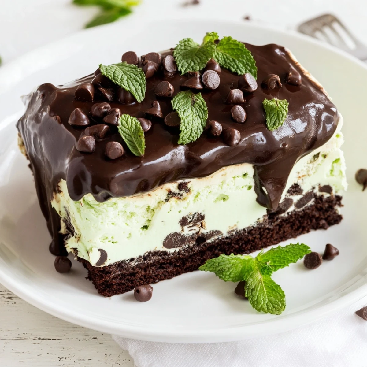 Cross-section of a Mint Chocolate Chip Ice Cream Cake reveals moist chocolate layers with creamy green mint ice cream and glossy ganache.