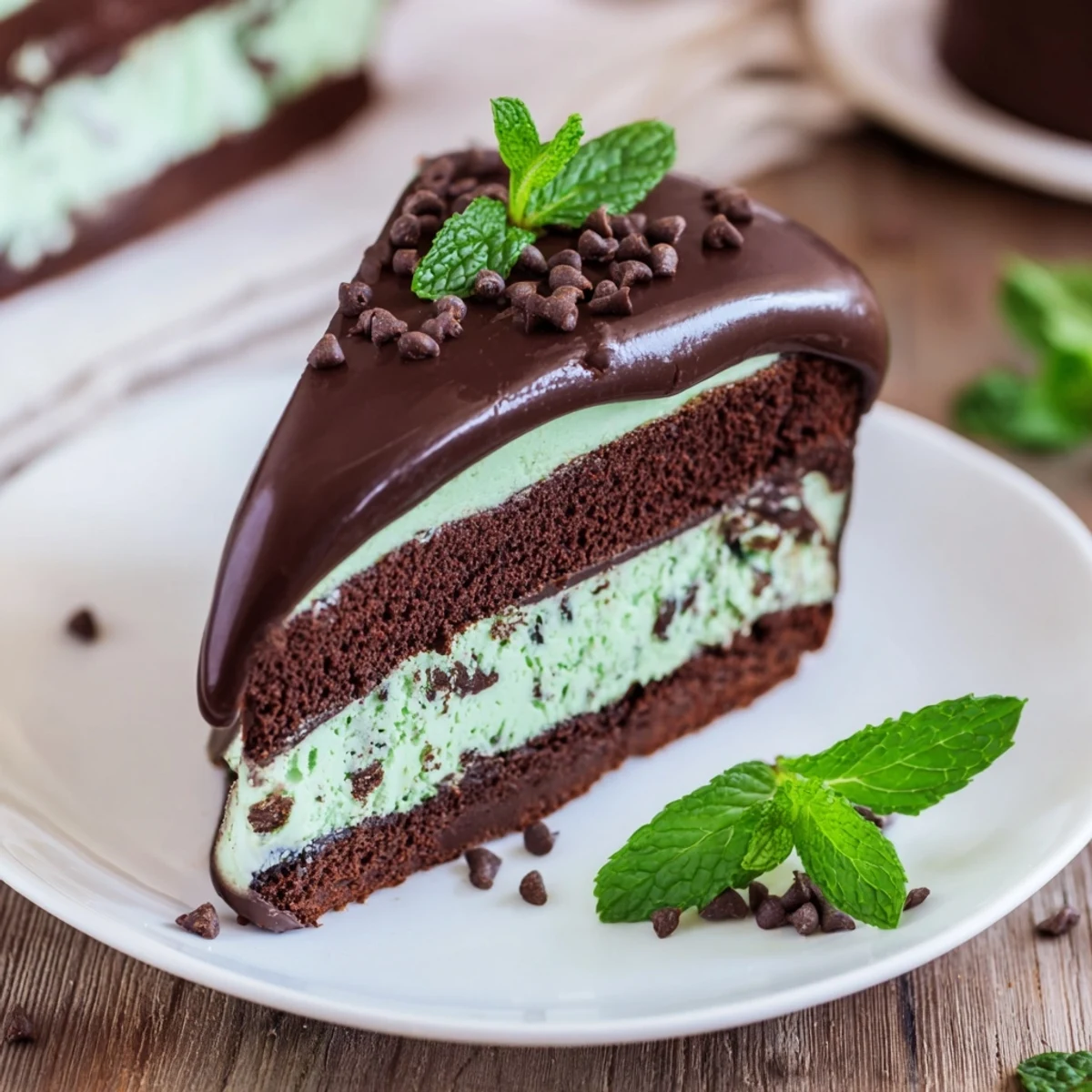 Rich Mint Chocolate Chip Ice Cream Cake served chilled, with a fork ready to dig into the decadent chocolate and mint layers.