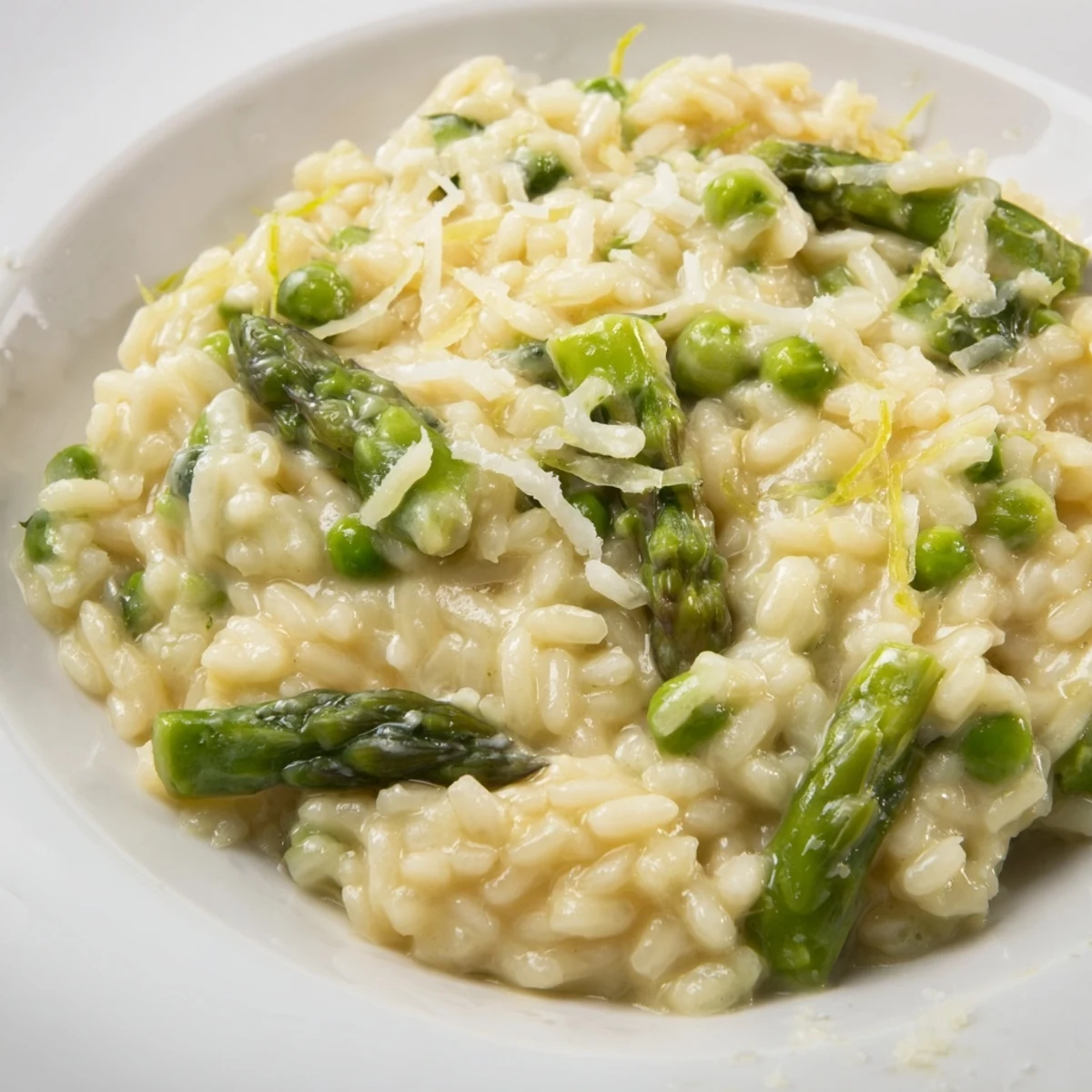 Close-up of Creamy Asparagus and Pea Risotto with Parmesan highlighting a velvety texture and melted cheese topping.