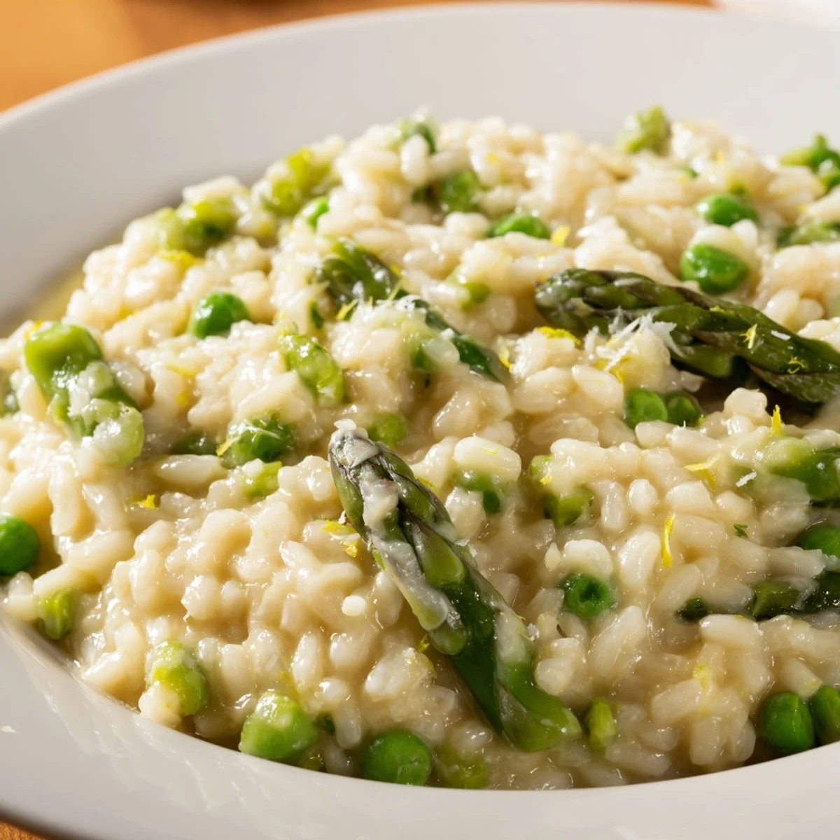Spring risotto featuring tender asparagus and sweet peas, perfect for a comforting vegetarian dinner with a glass of white wine.