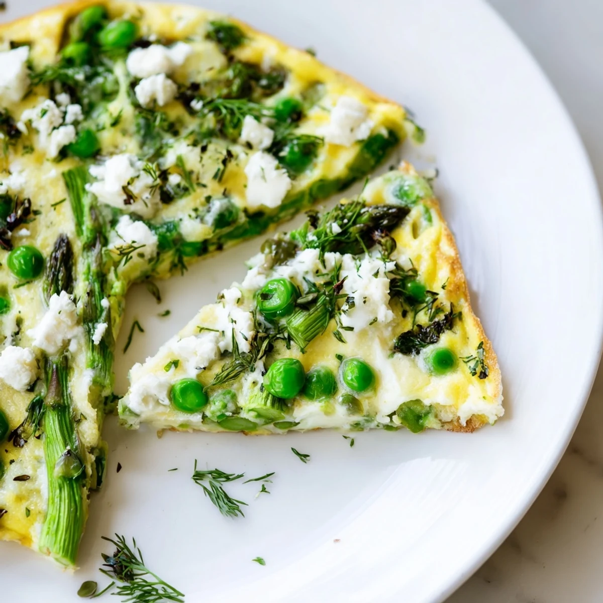 Golden-brown Spring Vegetable Frittata with Goat Cheese and Herbs fresh from the oven, featuring vibrant asparagus, peas, and spinach in a slice.