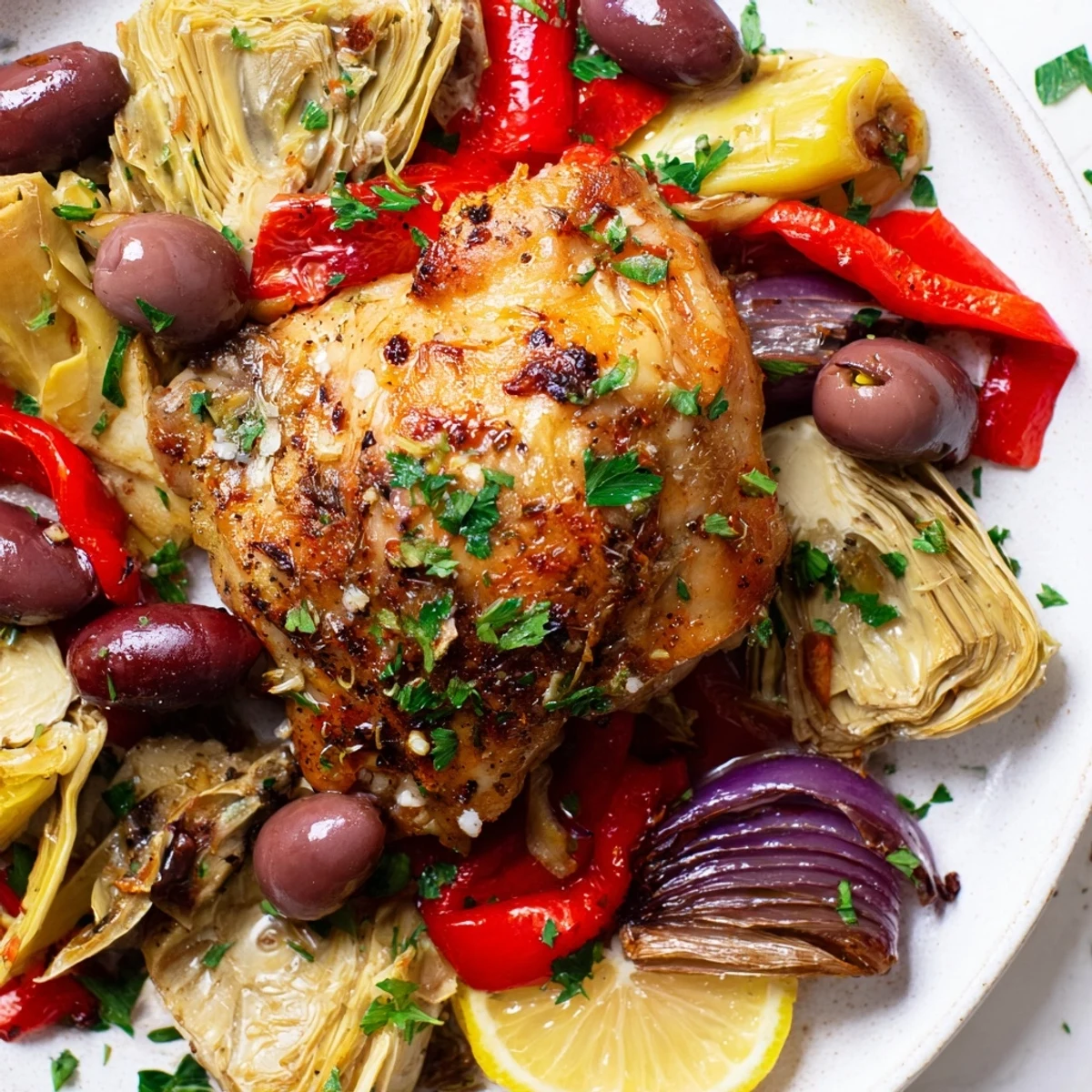 Juicy, golden chicken thighs roasted with artichokes, red peppers, and olives on a single sheet pan. 