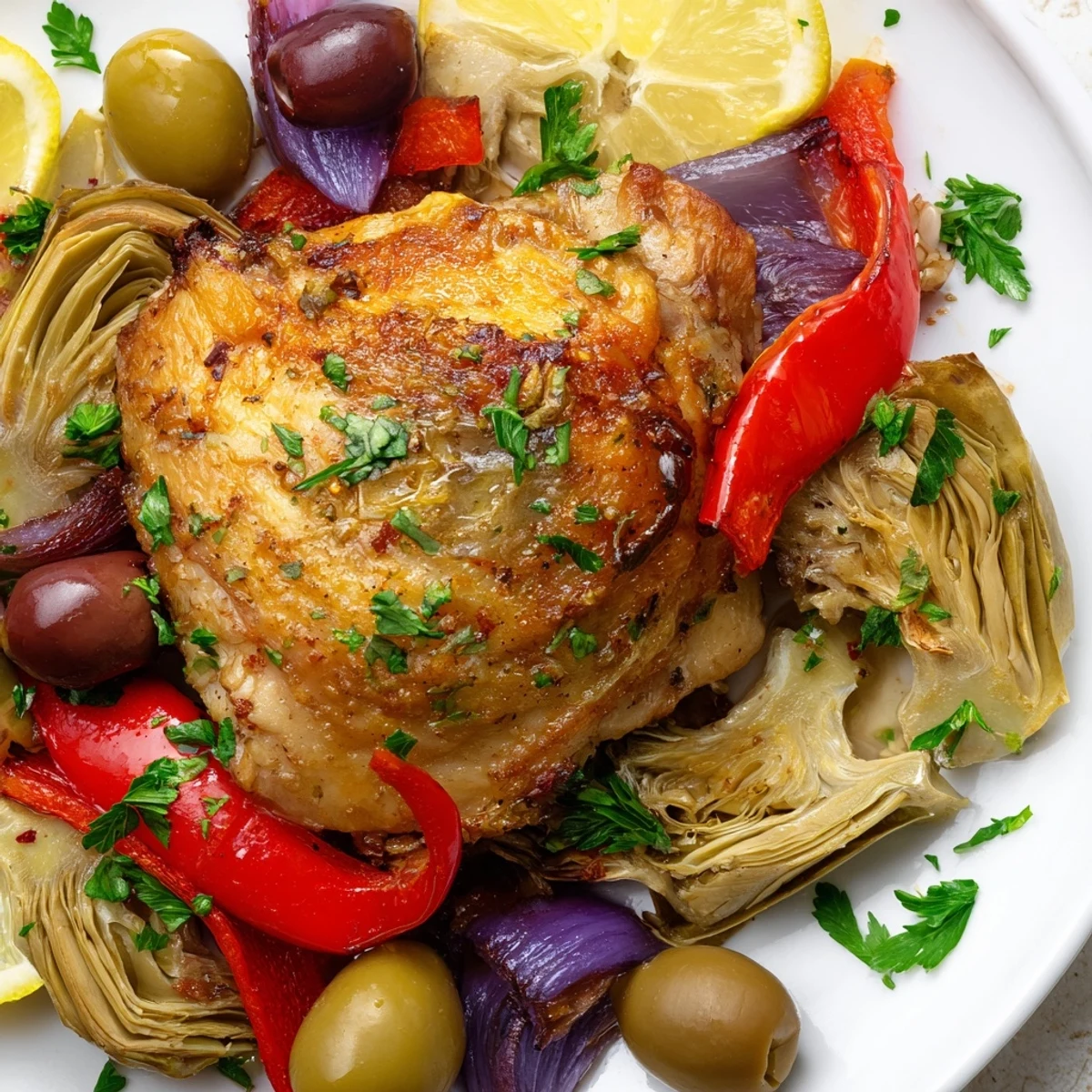 Sheet Pan Chicken with Artichokes and Olives served golden and sizzling with colorful vegetables and lemon slices.