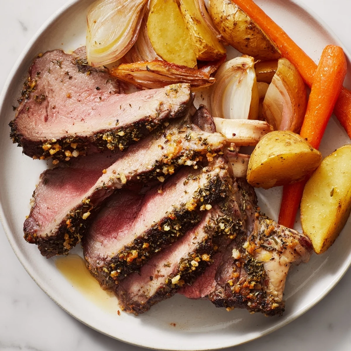 Slow roasted leg of lamb with lemon and oregano, resting before carving alongside golden potatoes and onions.