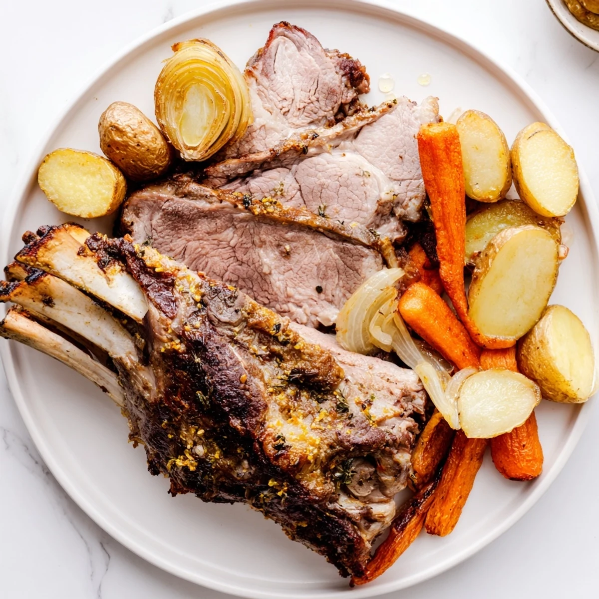Slow roasted leg of lamb with lemon and oregano garnished with fresh herbs, ready to be served.