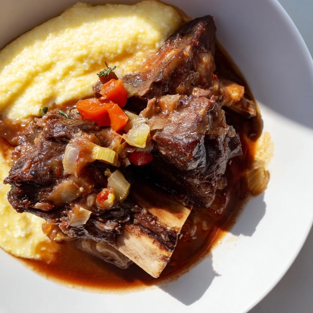 Golden-brown braised beef short ribs glisten with red wine sauce over creamy polenta, a hearty Italian-American comfort dish.