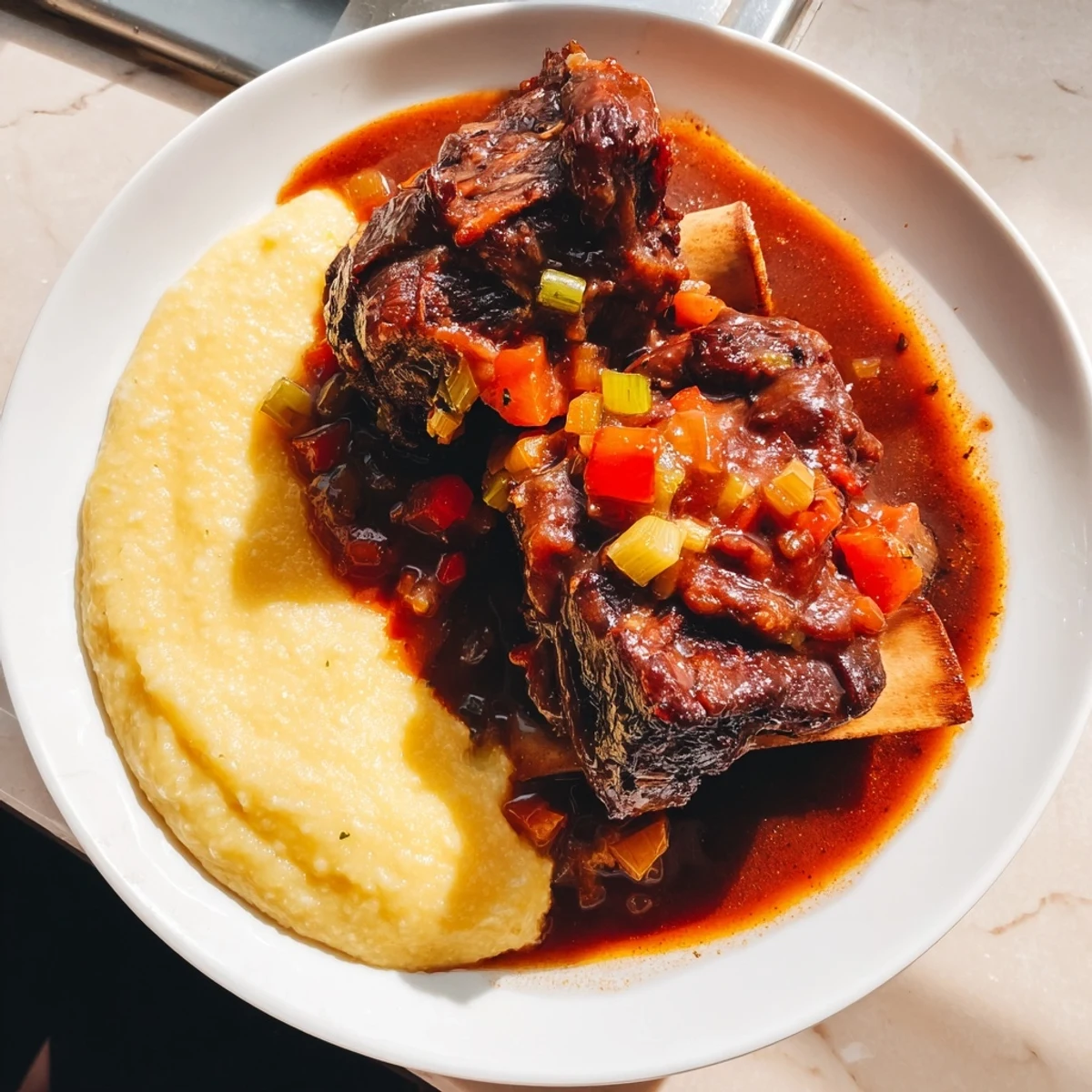 Close-up of braised beef short ribs served over creamy polenta, garnished with thyme and drizzled with red wine sauce.