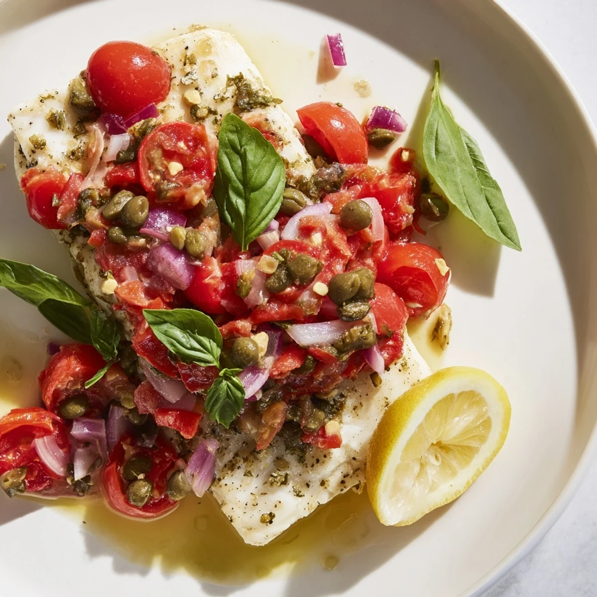 Golden Baked Halibut with Tomato and Basil Relish glistening on a white plate, garnished with fresh basil.
