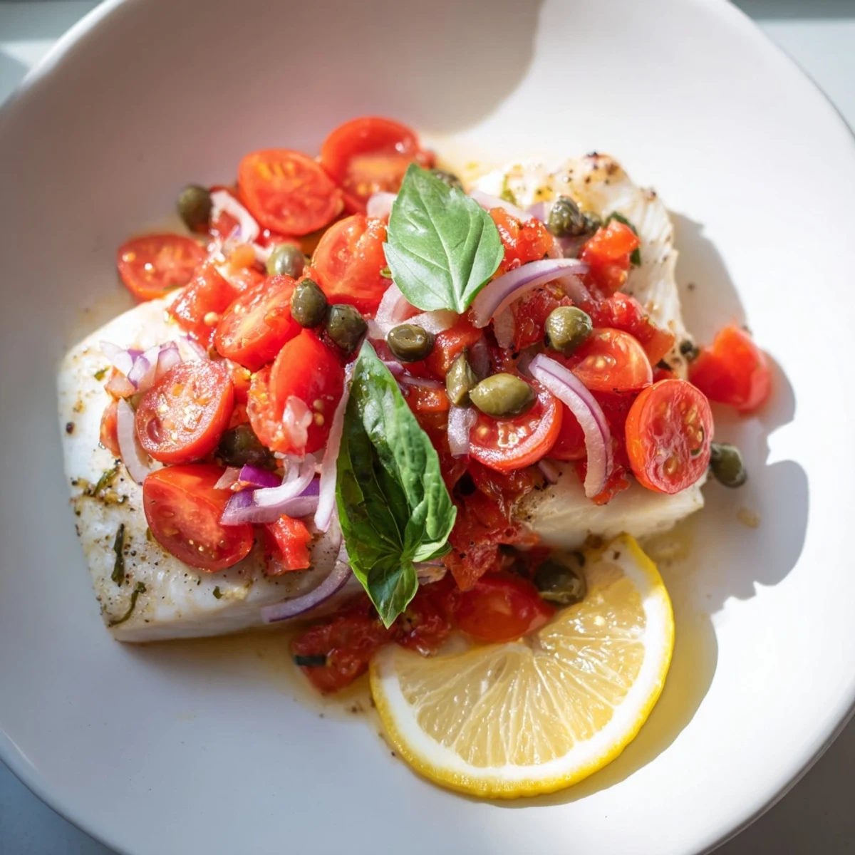 Serving suggestion for Baked Halibut with Tomato and Basil Relish paired with roasted asparagus and lemon wedges.