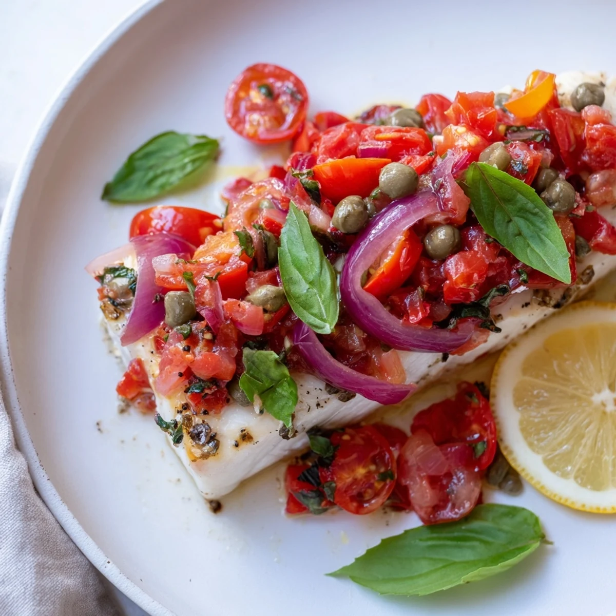 A close-up of Baked Halibut with Tomato and Basil Relish flaking easily with a fork, ready to eat.