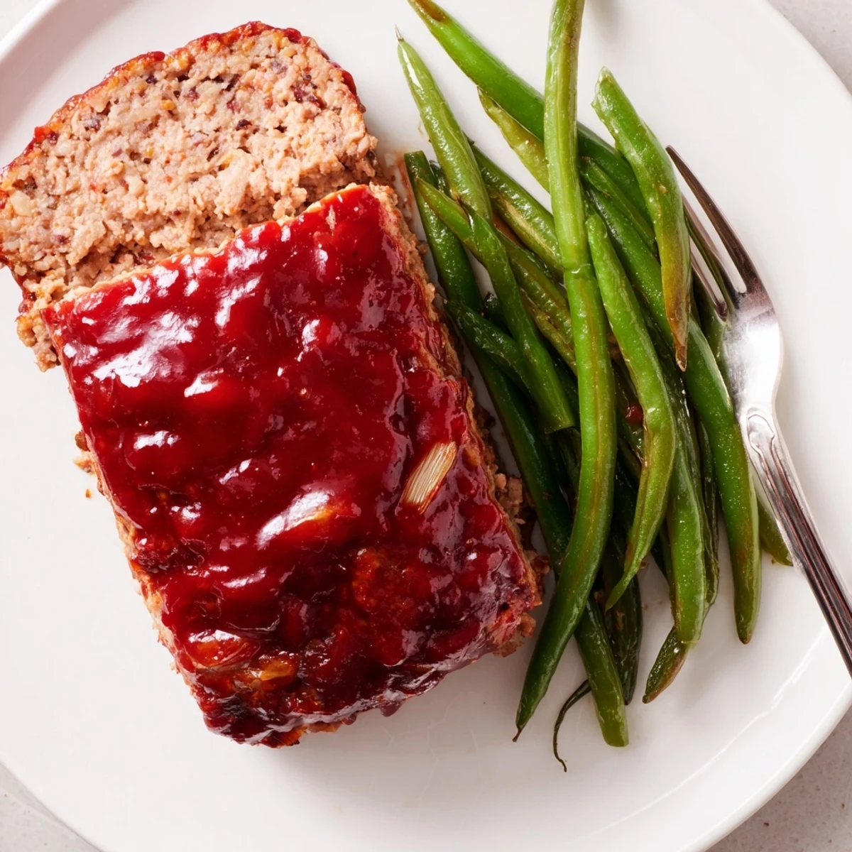 Sliced turkey meatloaf with glossy glaze and crisp green beans on a white plate for a cozy family dinner.