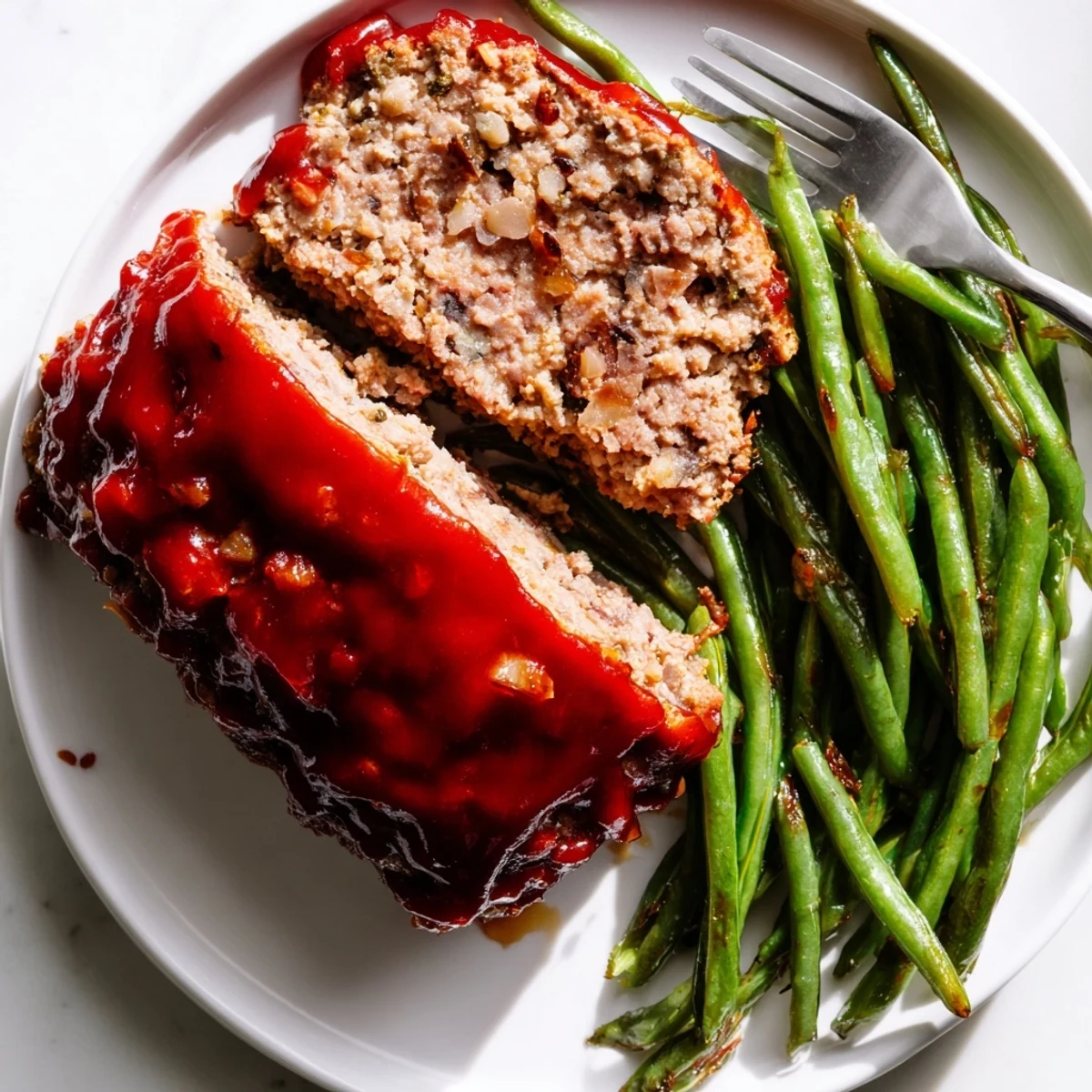 Juicy turkey meatloaf with a caramelized glaze and tender green beans, ideal for an easy weeknight comfort food dinner.