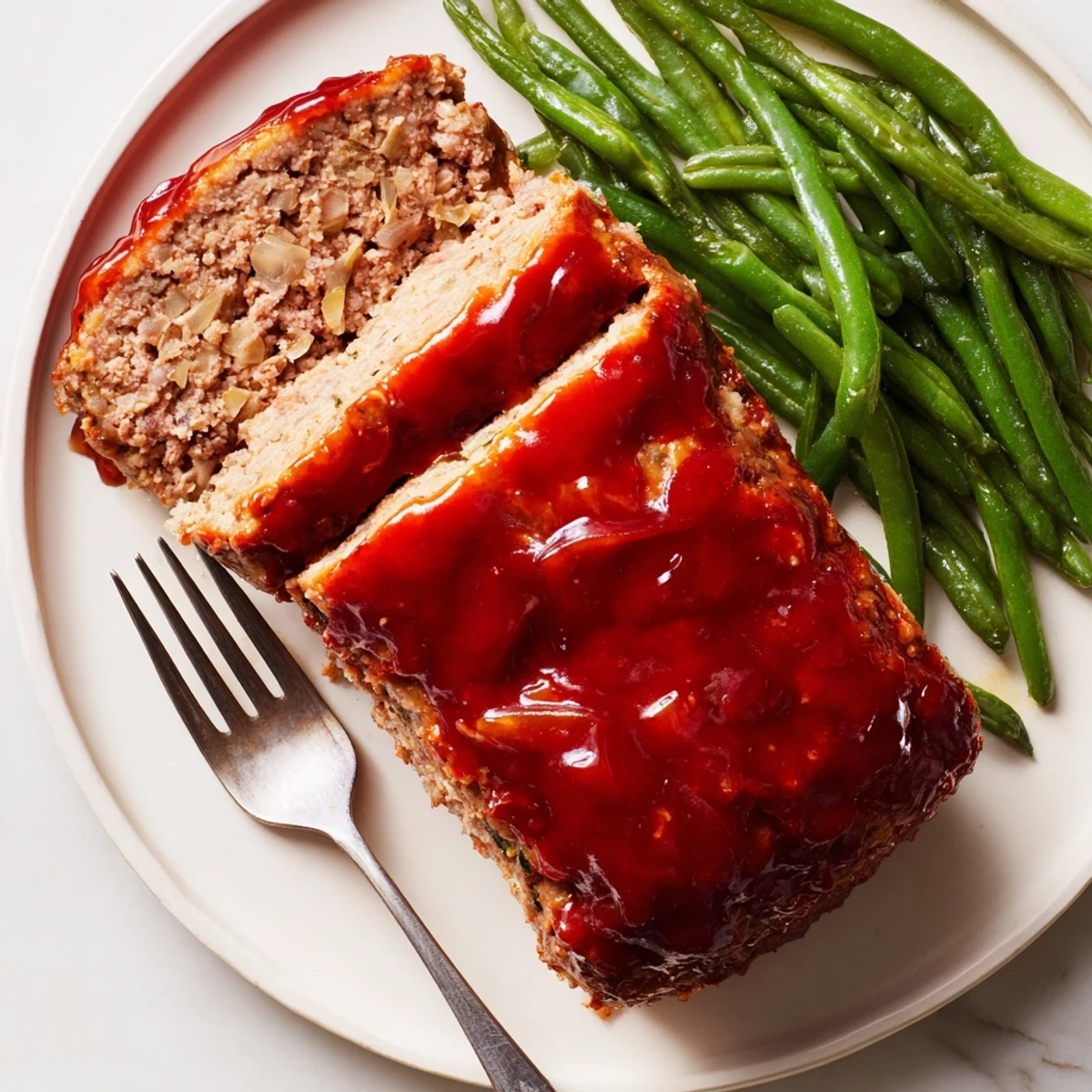 Freshly baked turkey meatloaf topped with tangy glaze beside vibrant sautéed green beans, perfect for a balanced meal.