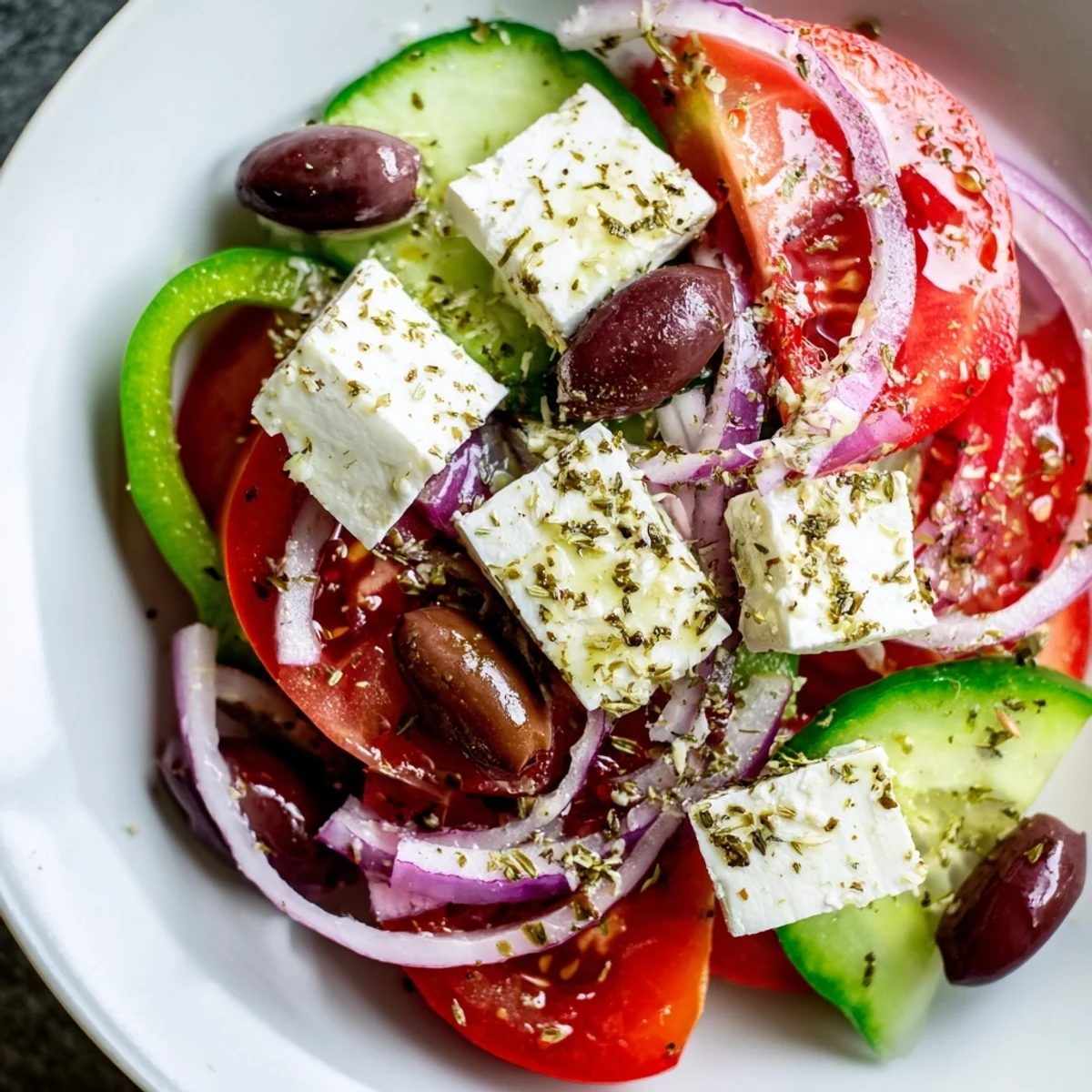 Colorful Greek Salad with Kalamata Olives and Feta sits beside crusty bread for a light lunch.