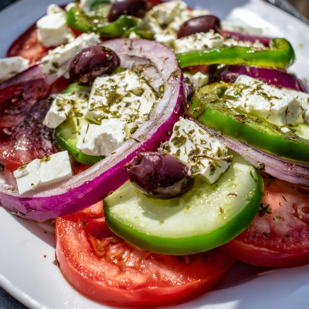 Freshly prepared Greek Salad with Kalamata Olives and Feta showcases vibrant tomatoes and crisp cucumbers.