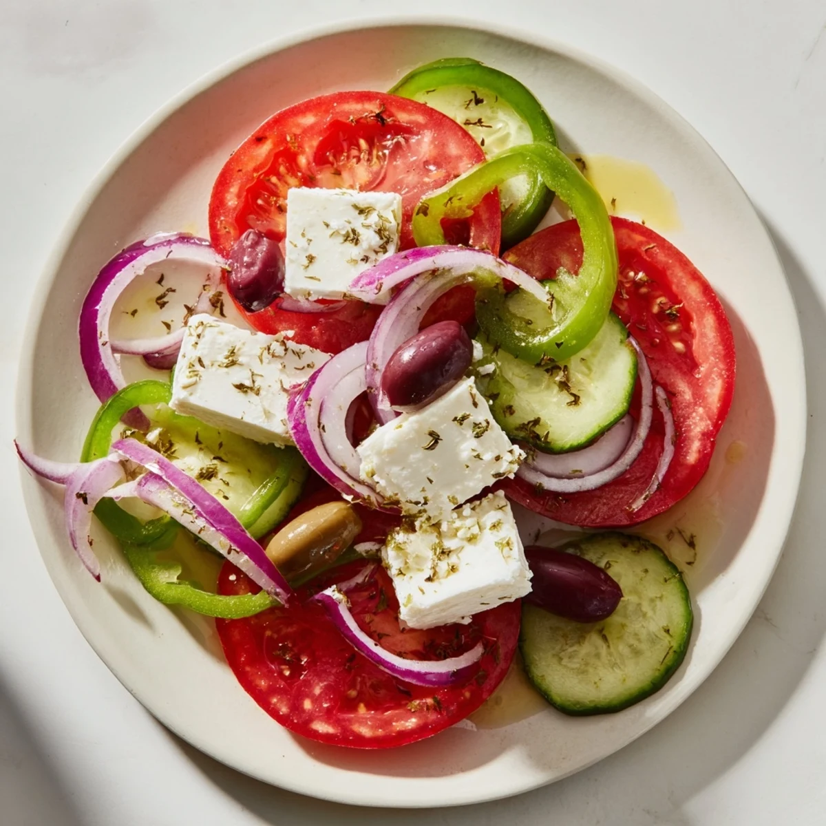 Chilled Greek Salad with Kalamata Olives and Feta highlights briny olives and creamy cheese in olive oil.
