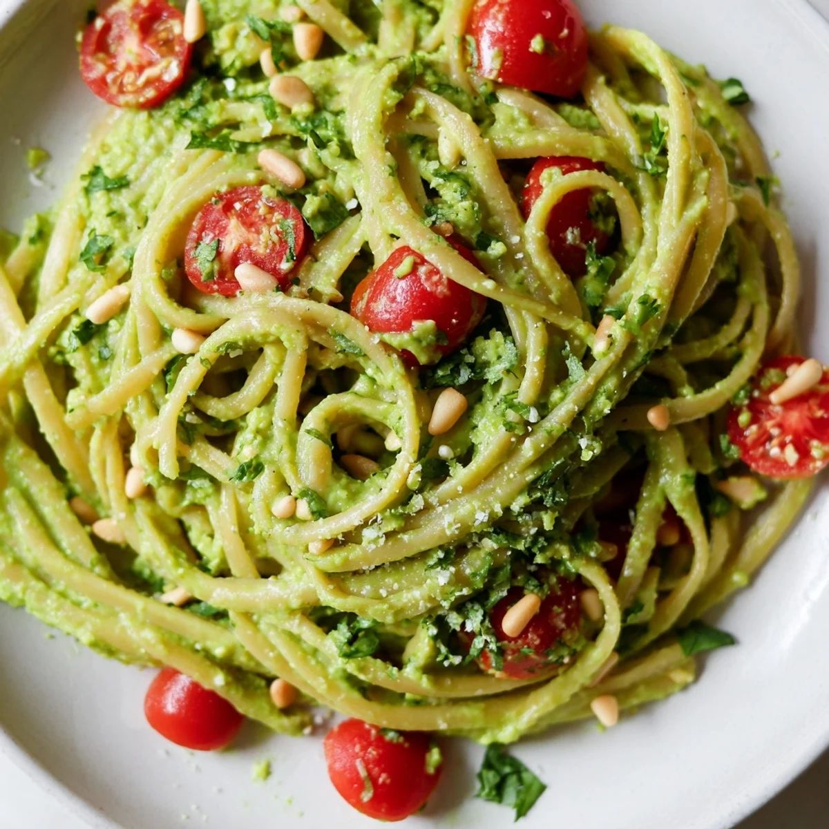 A close-up of Creamy Avocado Lime Pasta with Cherry Tomatoes, showcasing silky spaghetti coated in a bright avocado-lime sauce with juicy tomato halves.