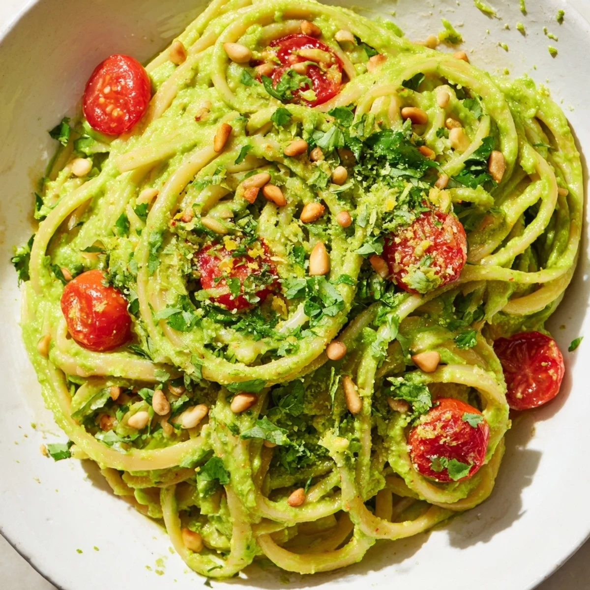 Creamy Avocado Lime Pasta with Cherry Tomatoes tossed in a vibrant green sauce, topped with halved tomatoes and a sprinkle of pine nuts for crunch.