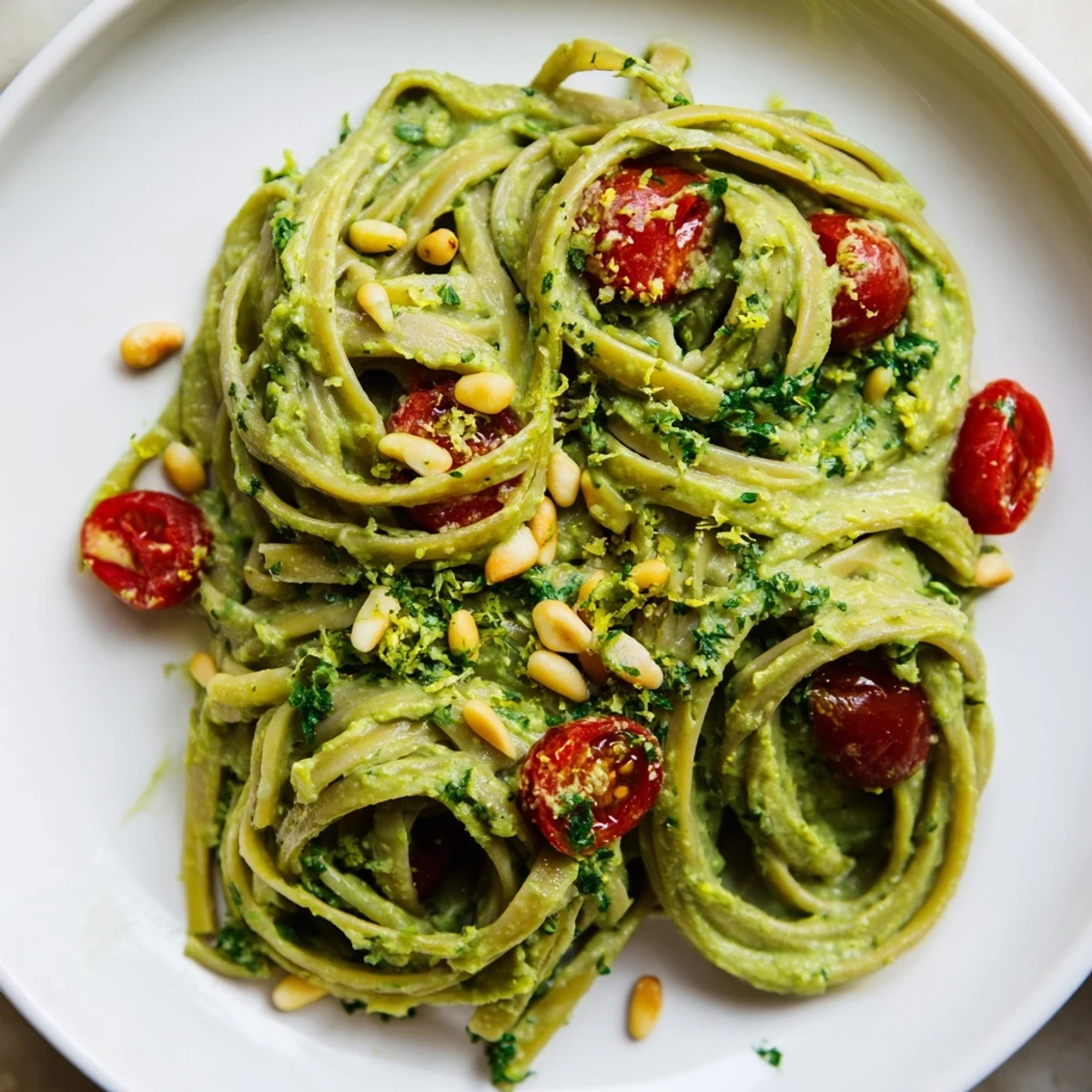 Serve Creamy Avocado Lime Pasta with Cherry Tomatoes garnished with fresh cilantro and lime zest, a perfect refreshing vegetarian main dish for a quick dinner.