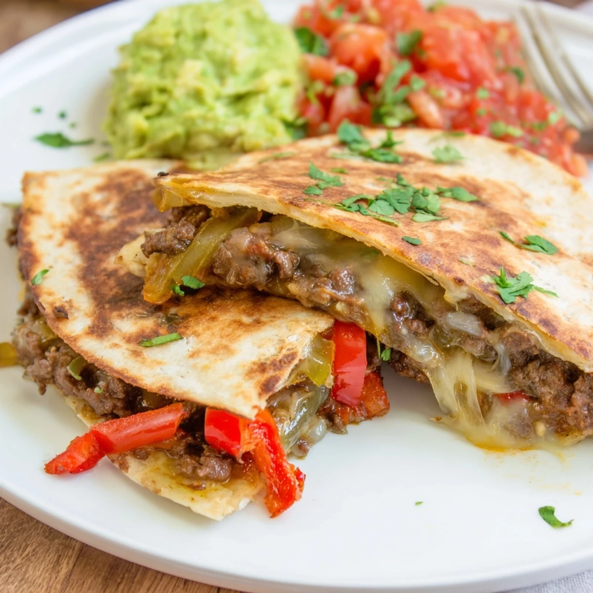 Golden-brown Beef Quesadillas with Salsa and Guacamole on a rustic plate, steaming slightly with melted cheese inside.