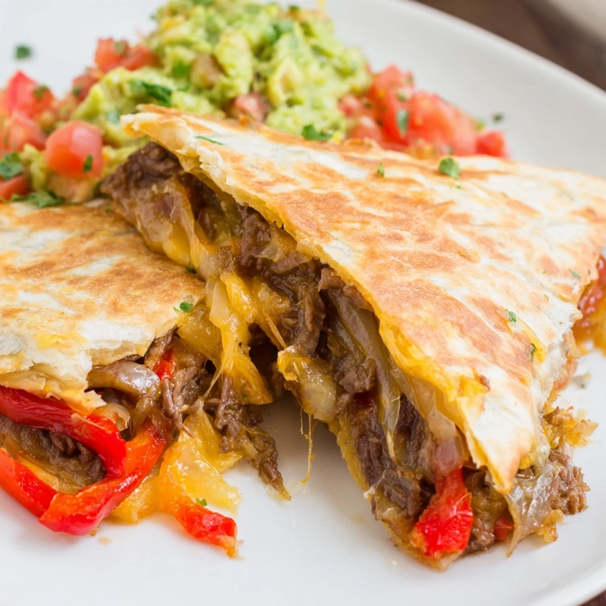 Plated Beef Quesadillas with Salsa and Guacamole, cut into wedges, ready for a family-style Mexican dinner feast.