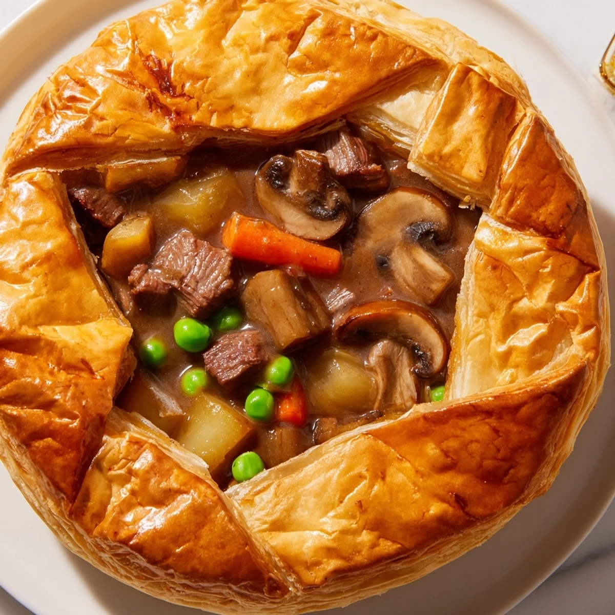 The golden, flaky puff pastry crust on a homemade Beef Pot Pie, served warm in a rustic dish.