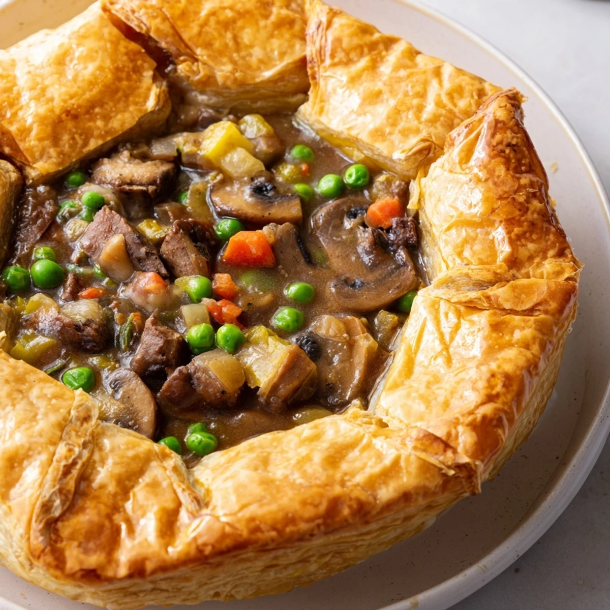 This comforting Beef Pot Pie reveals tender beef and peas in gravy, with a golden puff pastry crust.