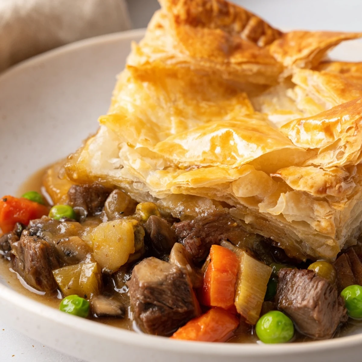 A hearty Beef Pot Pie with bubbly filling and flaky pastry crust, ready to serve on a dinner table.