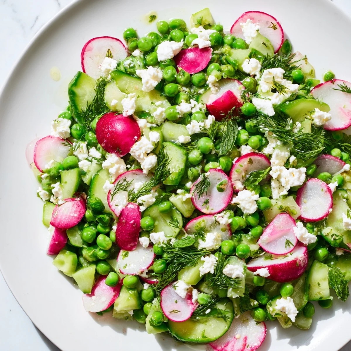 Spring Pea Salad with Radishes and Feta showcases vibrant green peas and pink radish slices on a platter, dressed in zesty lemon-herb vinaigrette, perfect for a refreshing lunch.