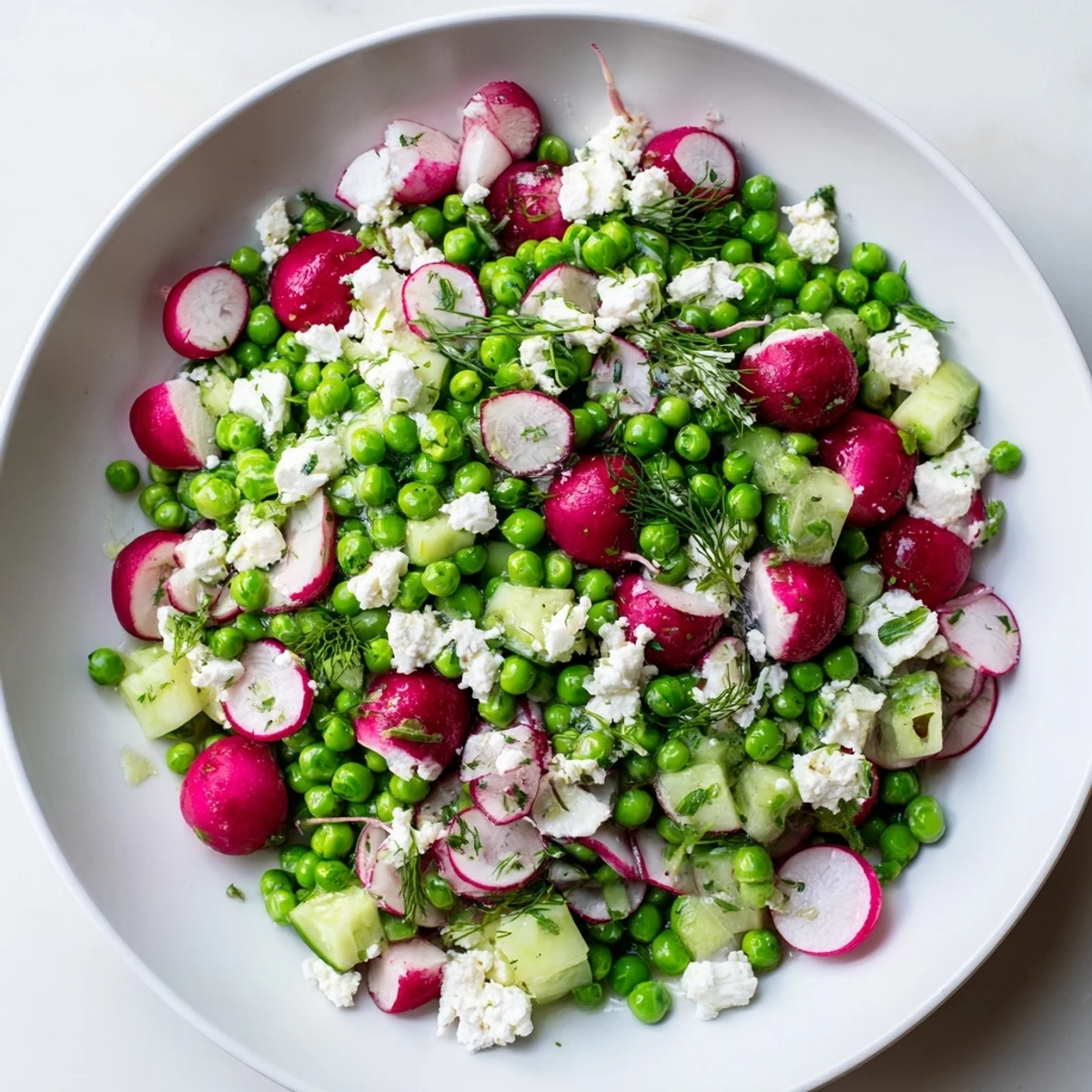 This Spring Pea Salad with Radishes and Feta features creamy crumbled feta and fresh mint leaves tossed with crisp cucumbers and baby greens, served in a white bowl.
