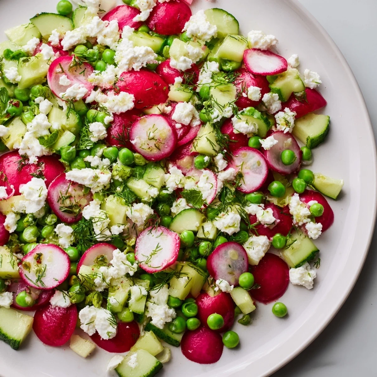 Enjoy Spring Pea Salad with Radishes and Feta, a Mediterranean-inspired side dish with sweet peas, tangy feta, and bright lemon dressing, ideal for a sunny spring gathering.