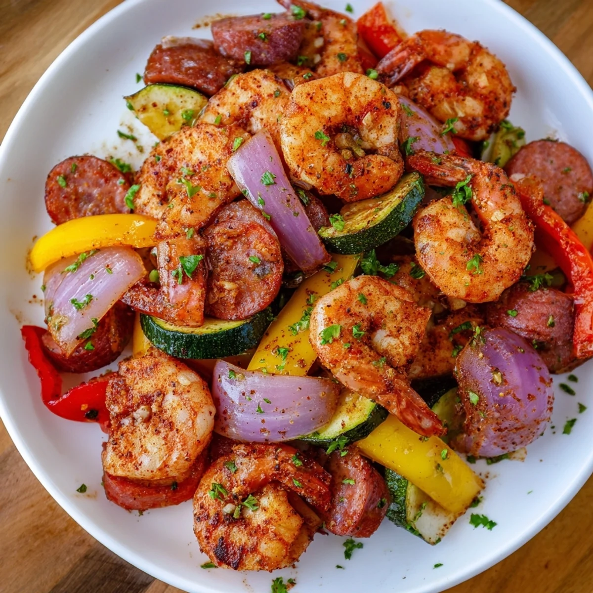 Hearty Cajun Shrimp and Sausage Skillet served hot with fresh parsley and lemon wedges.