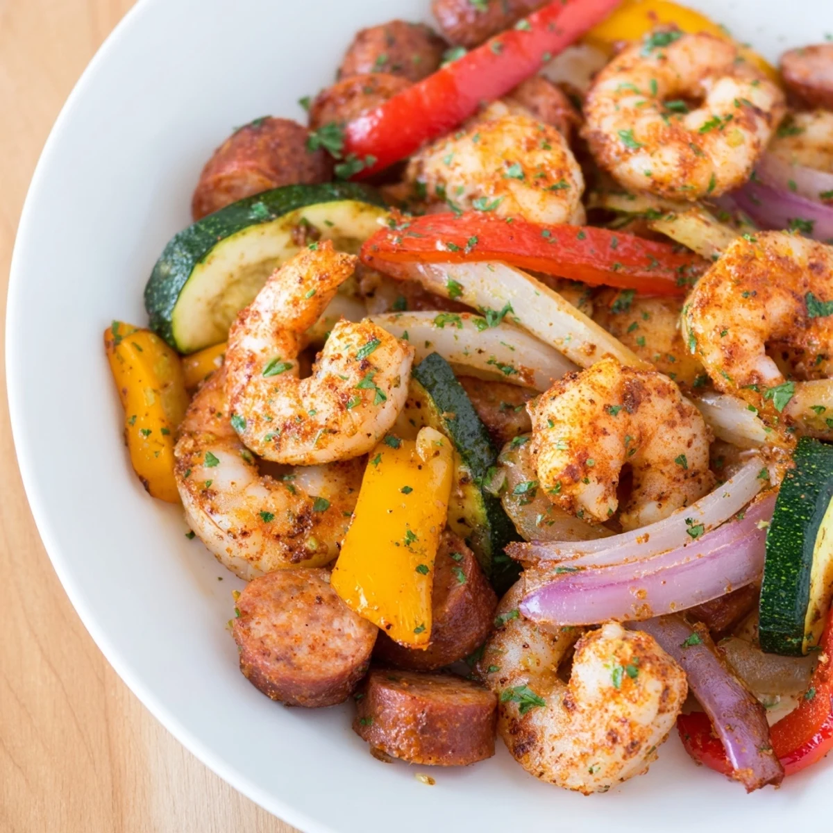 Skillet sizzling with succulent shrimp, smoky andouille sausage, and vibrant bell peppers in Cajun seasoning.