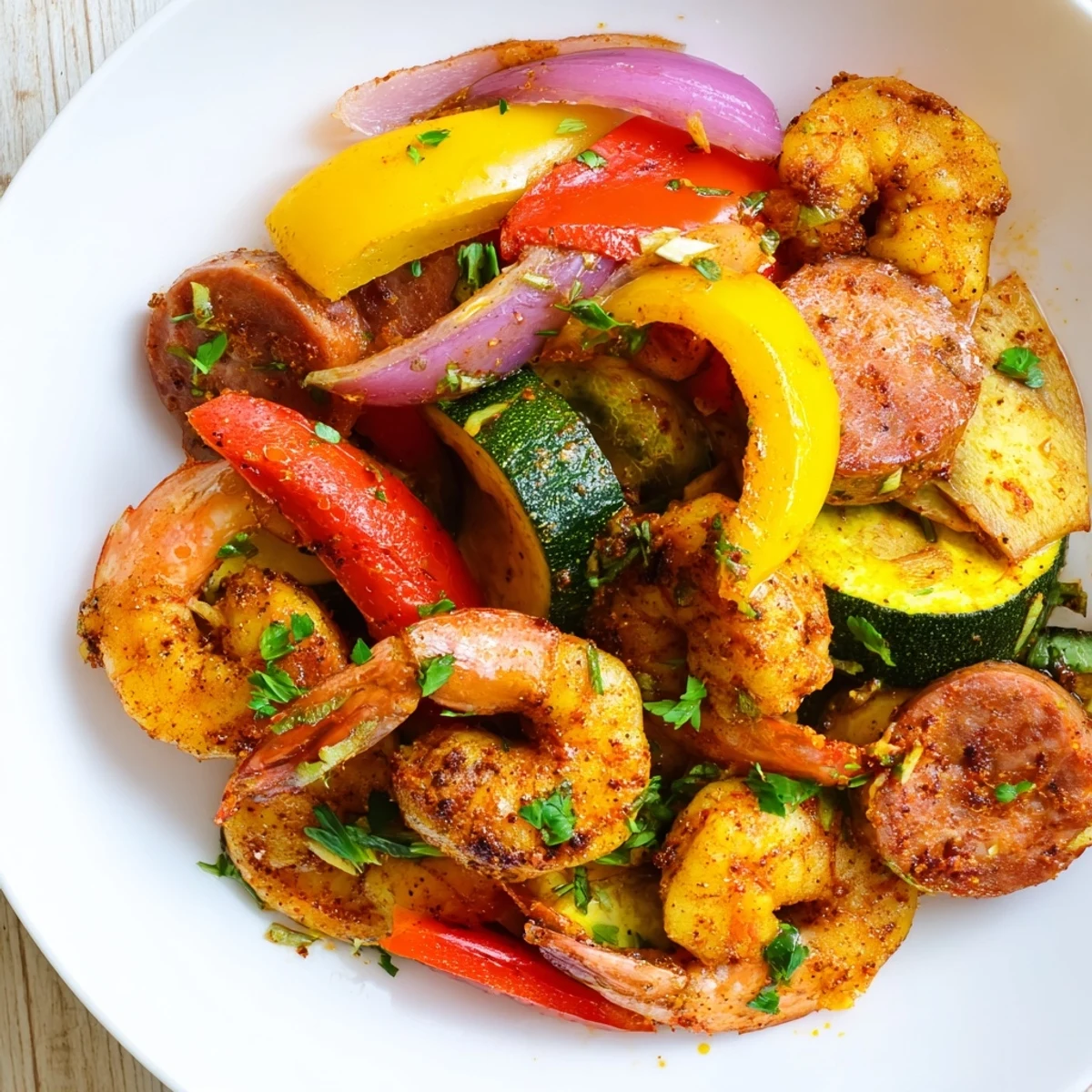 One-pan Cajun dinner features juicy shrimp, tender vegetables, and spicy sausage, perfect over rice.