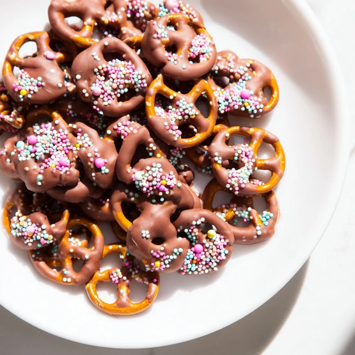 The finished Chocolate Covered Pretzels with Pastel Sprinkles arranged on a cooling rack.