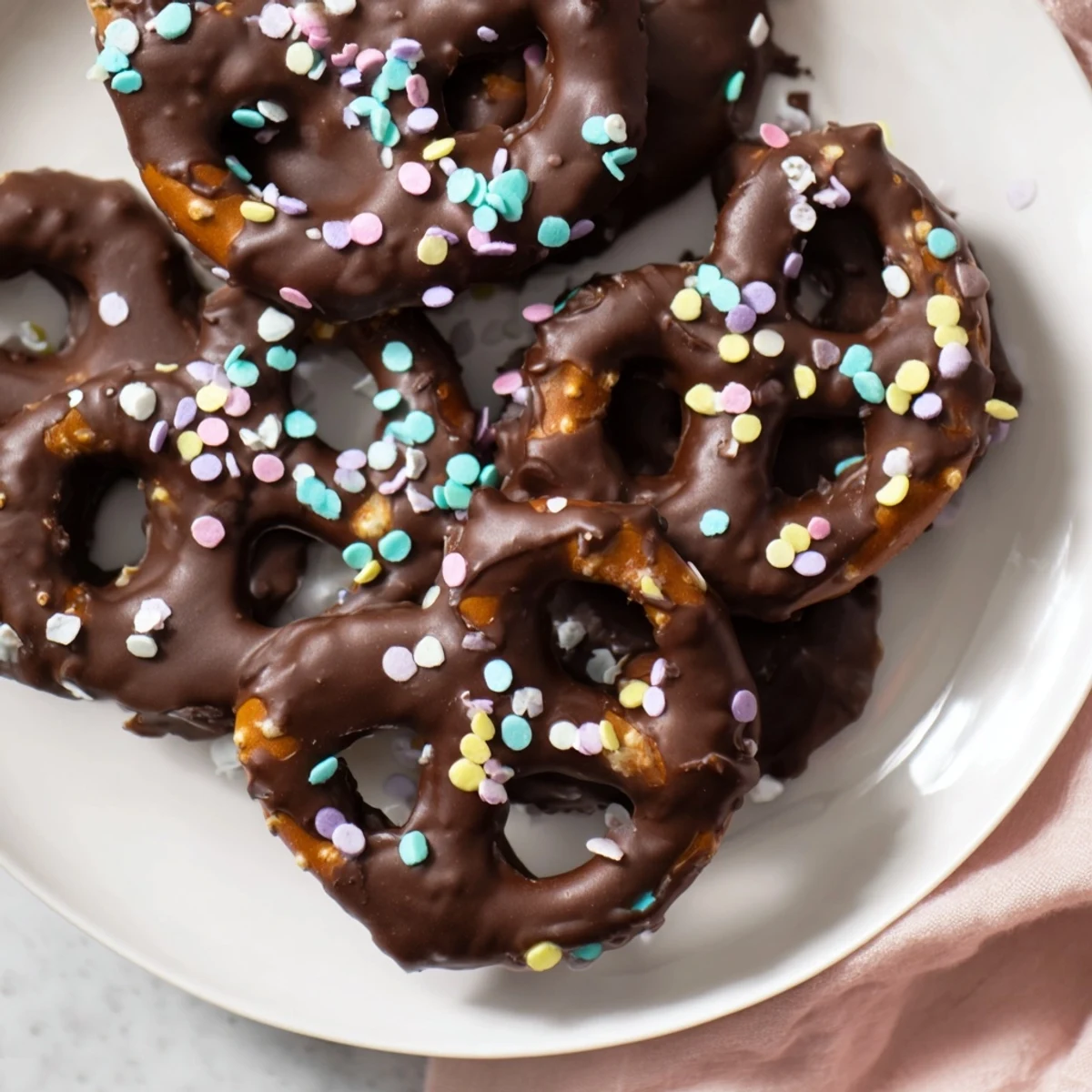 A close up shot of Chocolate Covered Pretzels with Pastel Sprinkles showing the chocolate texture.
