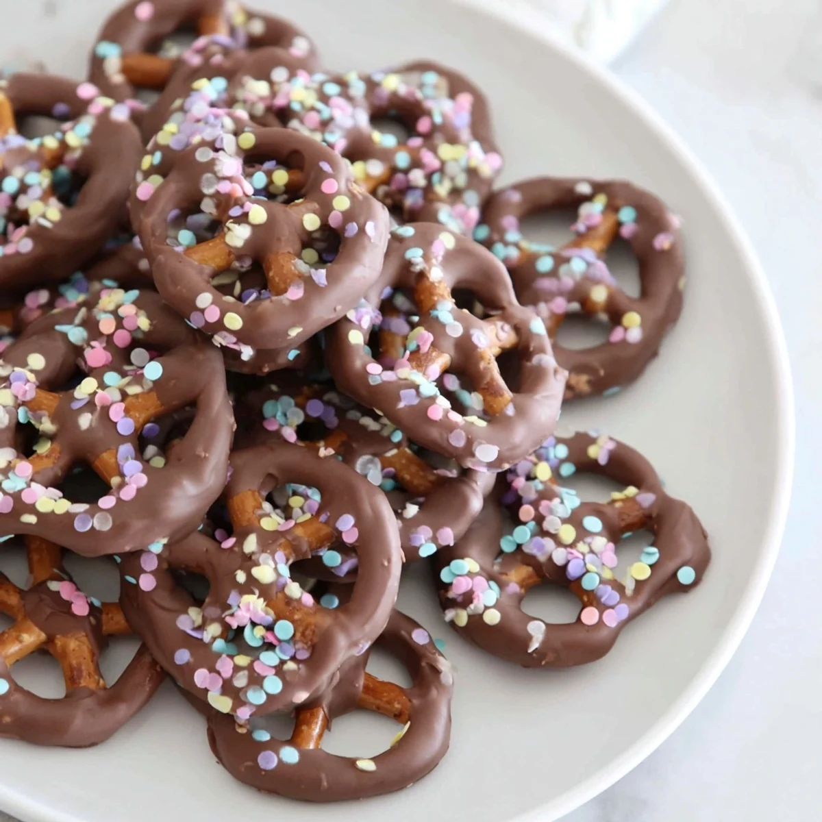 A platter of Chocolate Covered Pretzels with Pastel Sprinkles ready for a party.