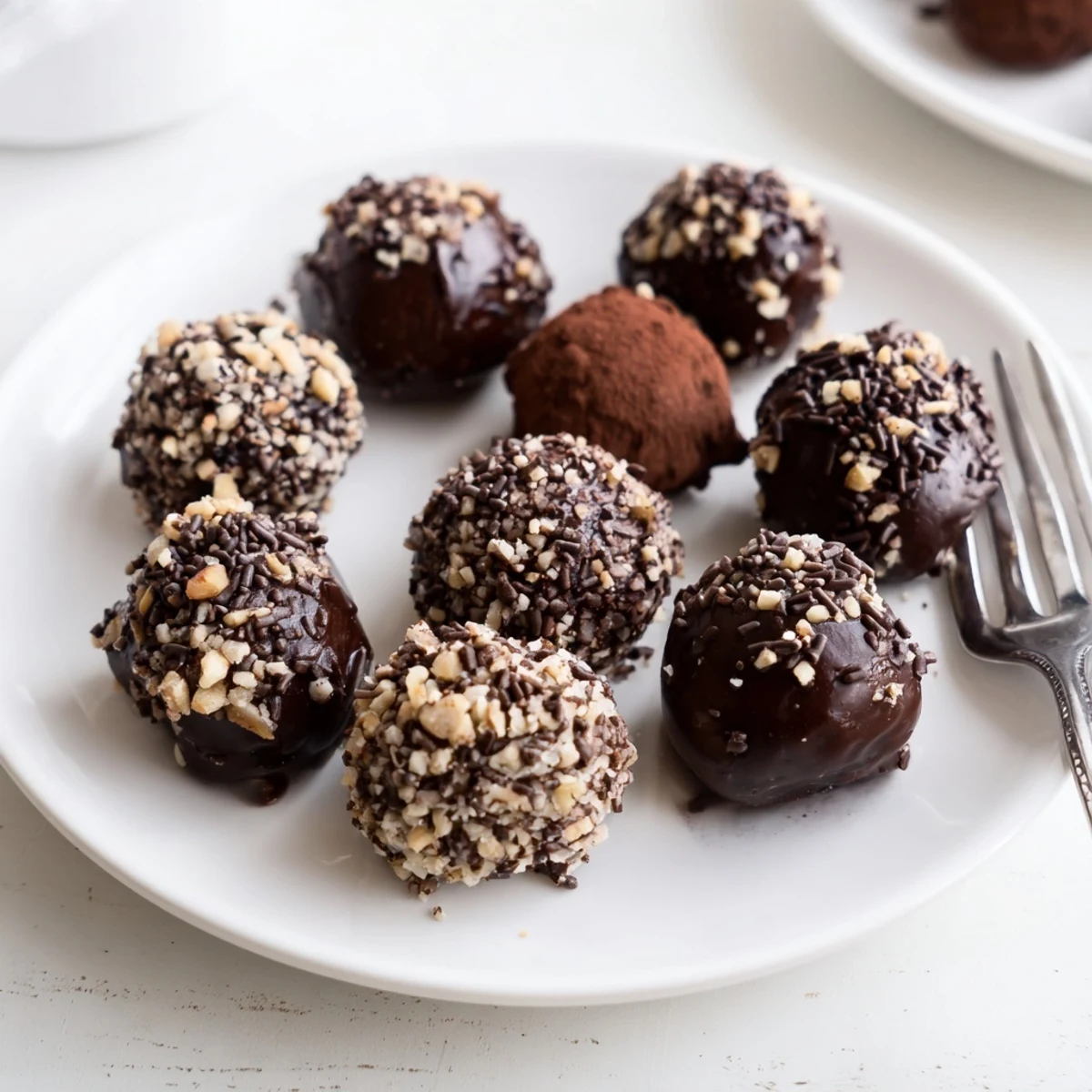 A close-up of Irish Cream Truffles dusted in cocoa powder on a white plate, ready for serving.