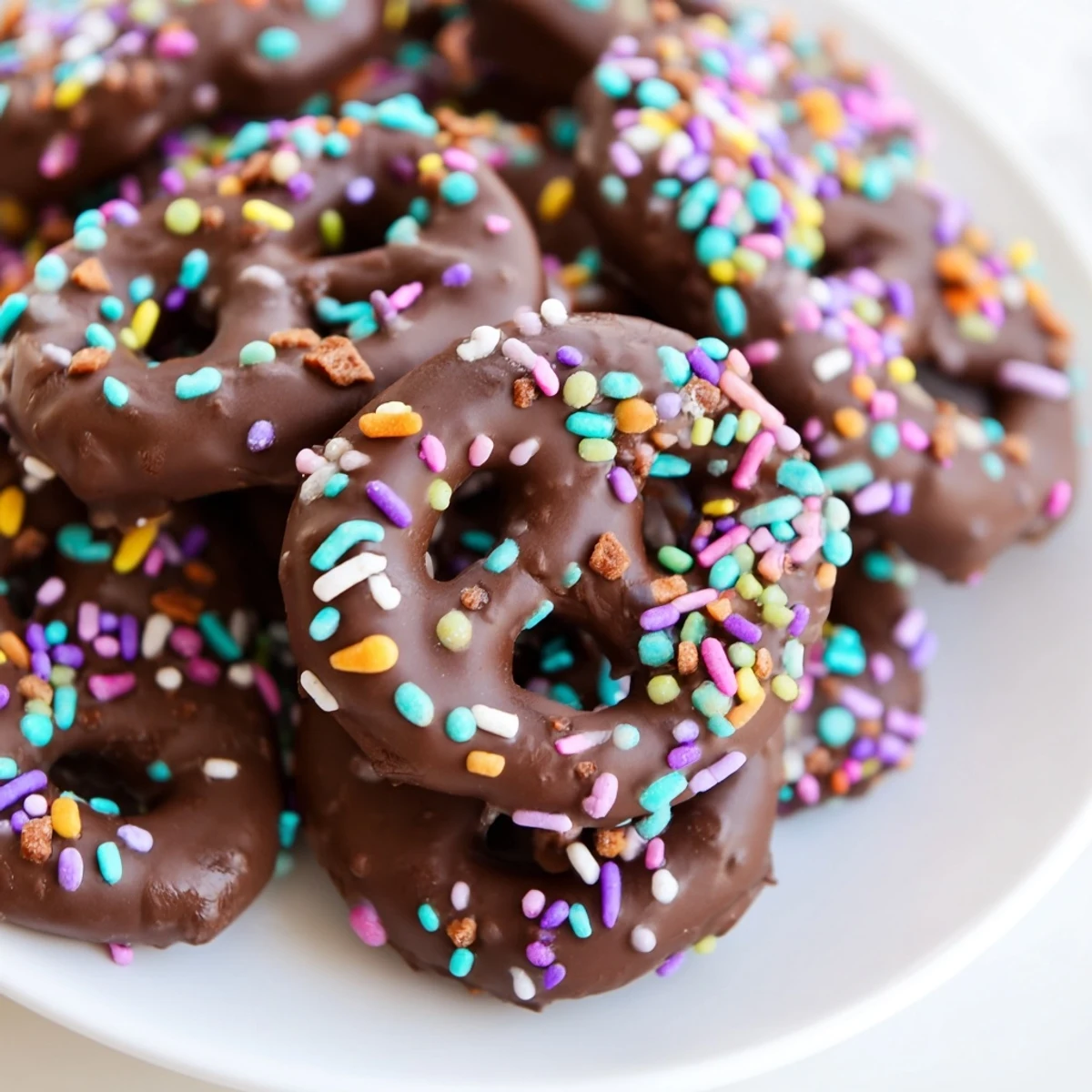 Chocolate Covered Pretzels with Pastel Sprinkles dipped in melted chocolate, glistening with colorful decorations.