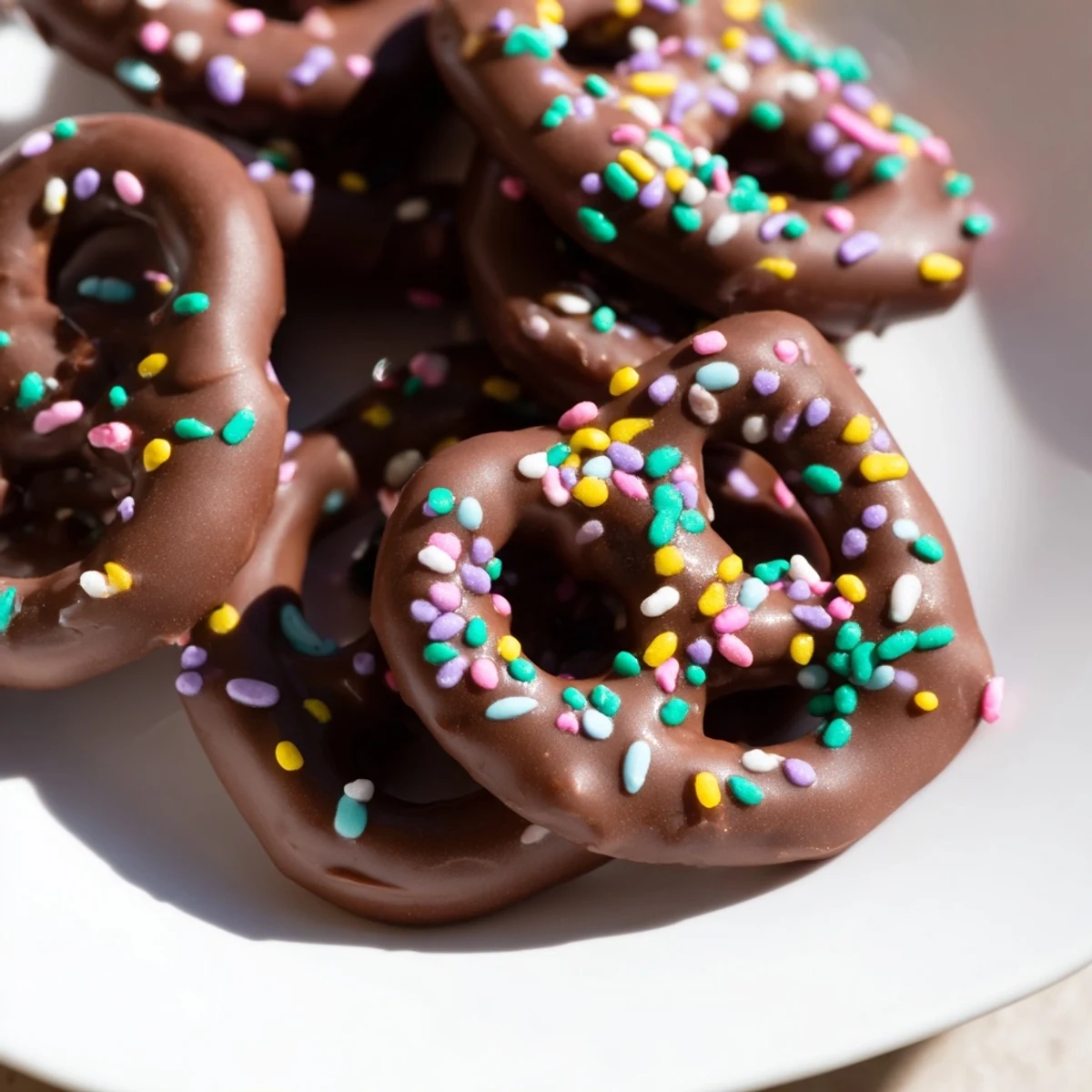 Chocolate Covered Pretzels with Pastel Sprinkles arranged on a white plate for a party snack.