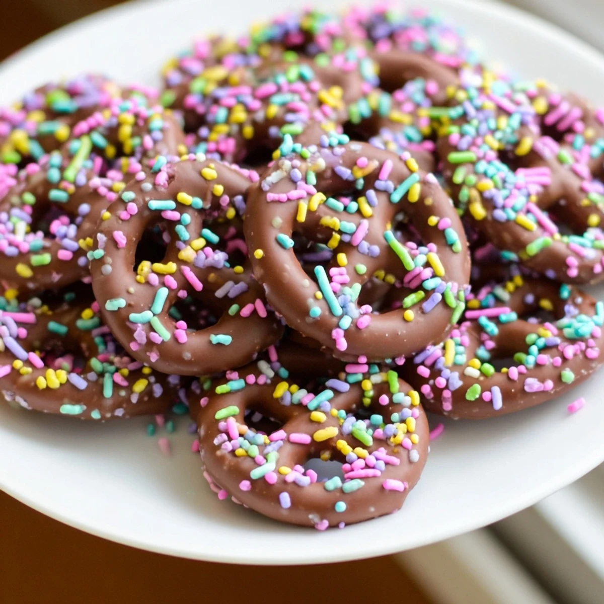 A close-up of Chocolate Covered Pretzels with Pastel Sprinkles stacked on a cooling rack after dipping.