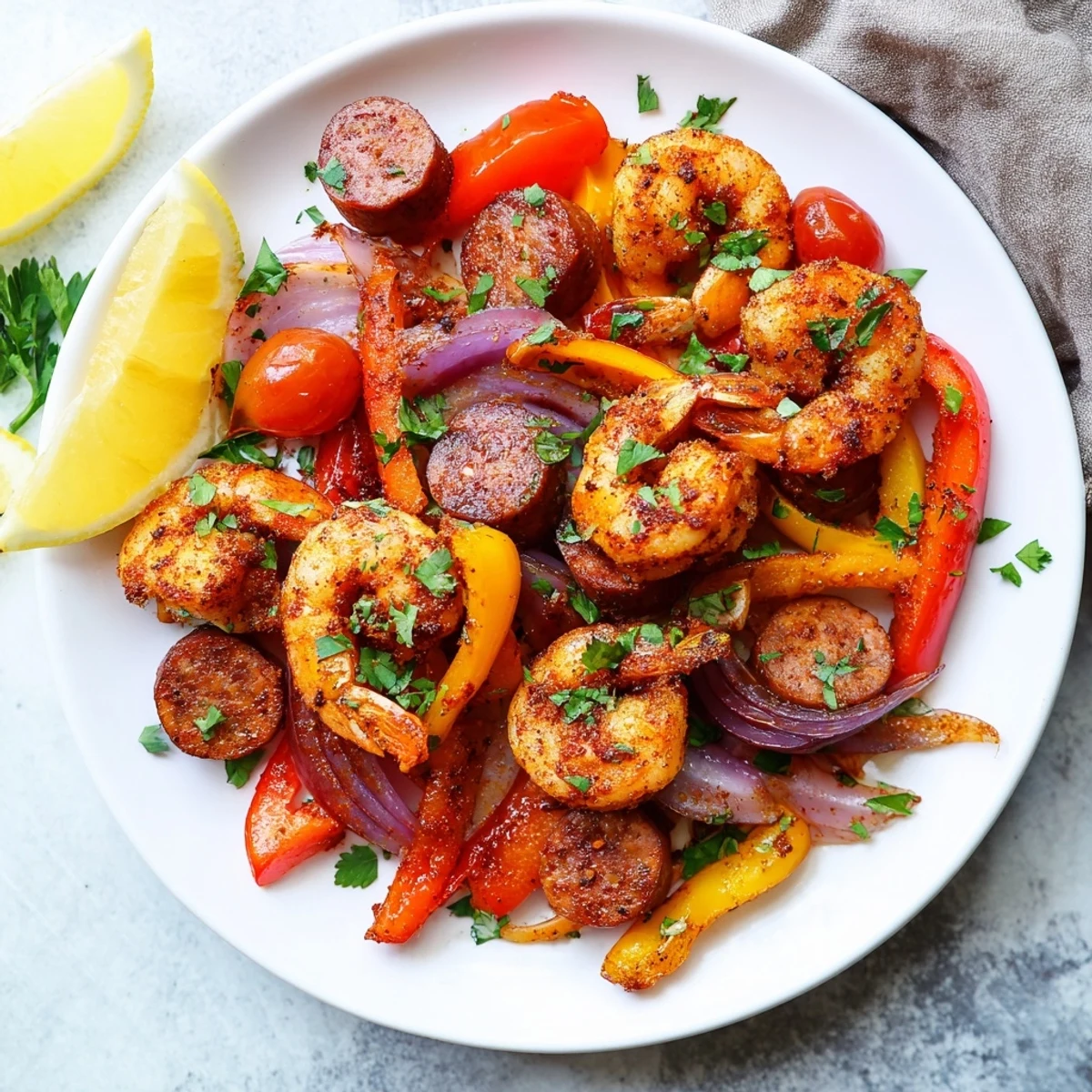 Cajun Shrimp and Beef Sausage Skillet served sizzling with sautéed bell peppers and onions in a rustic cast iron pan.  