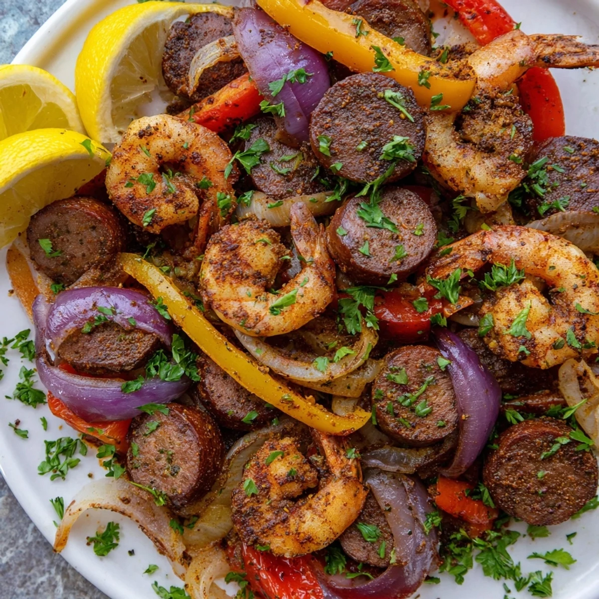 A close-up of Cajun Shrimp and Beef Sausage Skillet garnished with fresh parsley and bright lemon wedges.  