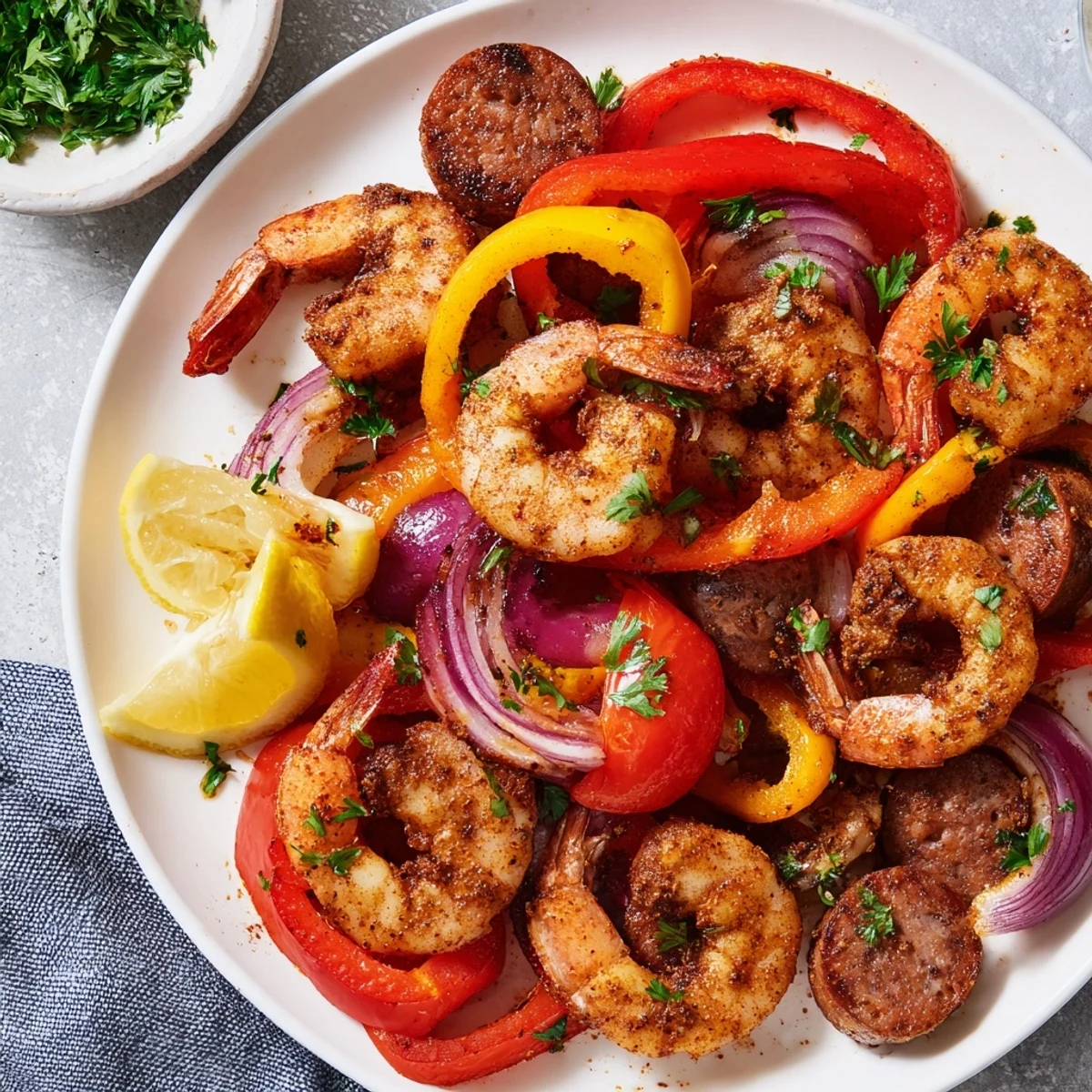 Hearty Cajun Shrimp and Beef Sausage Skillet with tender shrimp and sliced beef sausage ready to eat.