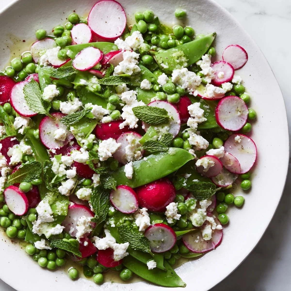 A vibrant Spring Pea Salad with Radishes and Feta topped with zesty lemon-herb vinaigrette on a table.